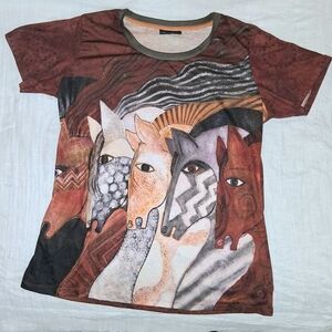 Laurel Burch Multicolor Horse Design Short Sleeve Tee